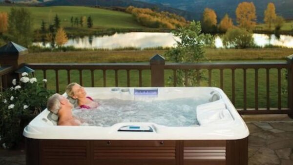 couple relaxing in hot tub
